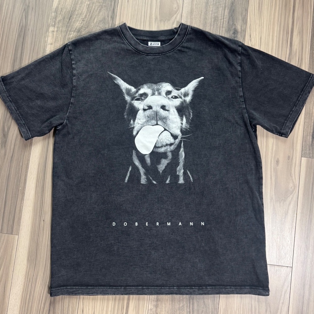LAIXTON Dobermann Graphic T-Shirt Mens Large Heavy Duty Washed Black Streetwear
